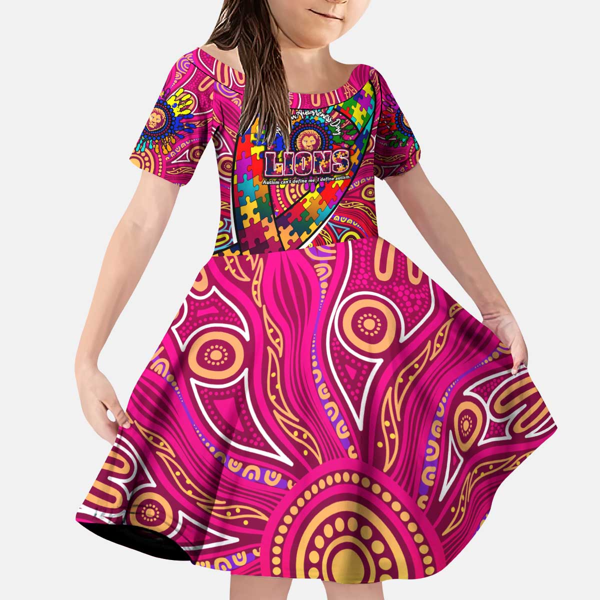 Autism Awareness Australia Brisbane Lions Kid Short Sleeve Dress Aboriginal Indigenous Art