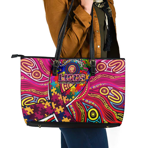 Autism Awareness Australia Brisbane Lions Leather Tote Bag Aboriginal Indigenous Art