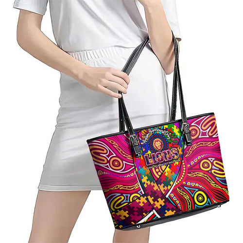 Autism Awareness Australia Brisbane Lions Leather Tote Bag Aboriginal Indigenous Art