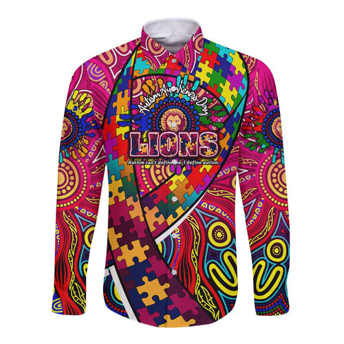 Autism Awareness Australia Brisbane Lions Long Sleeve Button Shirt Aboriginal Indigenous Art