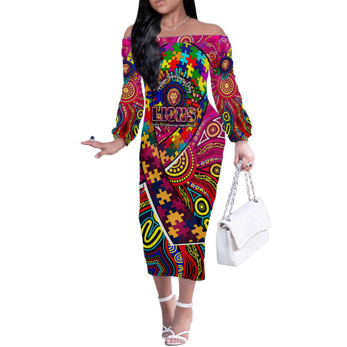 Autism Awareness Australia Brisbane Lions Off The Shoulder Long Sleeve Dress Aboriginal Indigenous Art