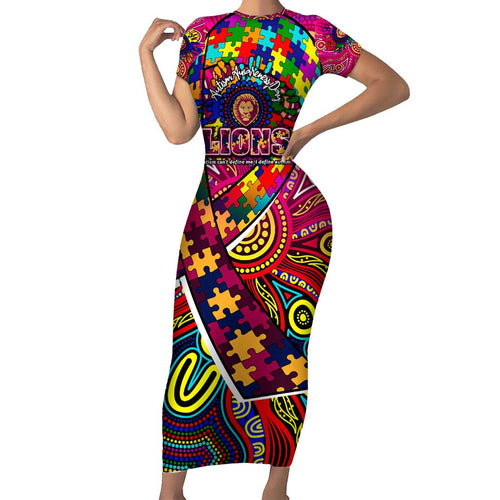 Autism Awareness Australia Brisbane Lions Short Sleeve Bodycon Dress Aboriginal Indigenous Art