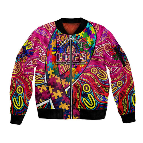 Autism Awareness Australia Brisbane Lions Sleeve Zip Bomber Jacket Aboriginal Indigenous Art