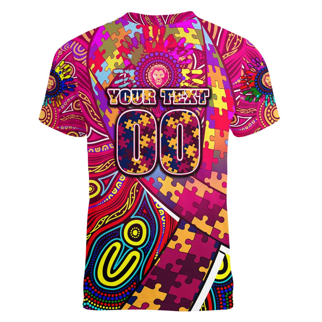 Autism Awareness Australia Brisbane Lions Women V-Neck T-Shirt Aboriginal Indigenous Art