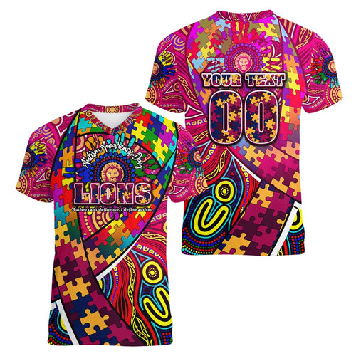 Autism Awareness Australia Brisbane Lions Women V-Neck T-Shirt Aboriginal Indigenous Art