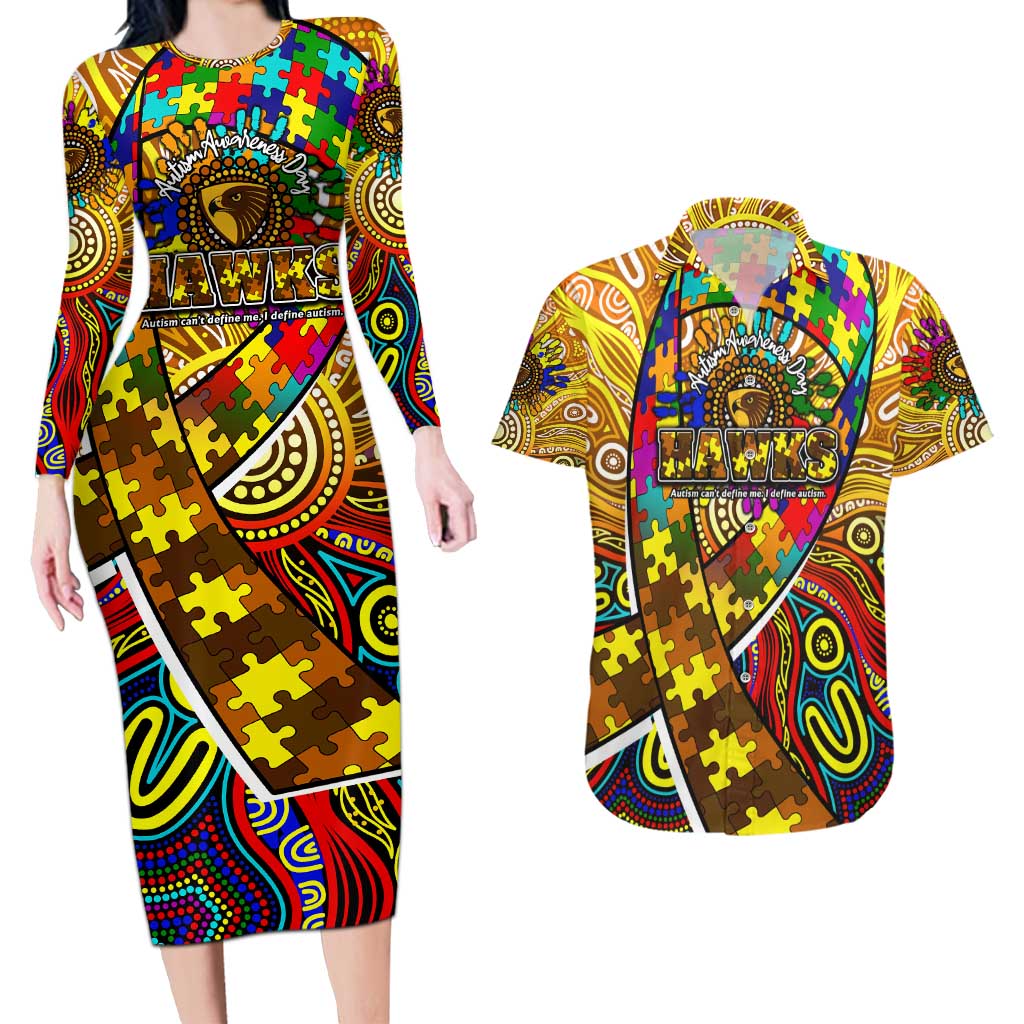 Autism Awareness Australia Hawthorn Hawks Couples Matching Long Sleeve Bodycon Dress and Hawaiian Shirt Aboriginal Indigenous Art