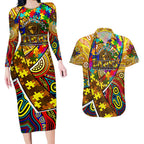 Autism Awareness Australia Hawthorn Hawks Couples Matching Long Sleeve Bodycon Dress and Hawaiian Shirt Aboriginal Indigenous Art