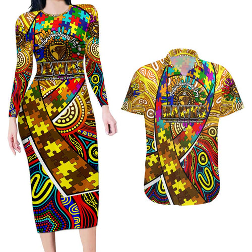 Autism Awareness Australia Hawthorn Hawks Couples Matching Long Sleeve Bodycon Dress and Hawaiian Shirt Aboriginal Indigenous Art