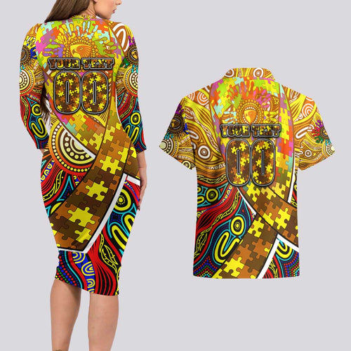 Autism Awareness Australia Hawthorn Hawks Couples Matching Long Sleeve Bodycon Dress and Hawaiian Shirt Aboriginal Indigenous Art