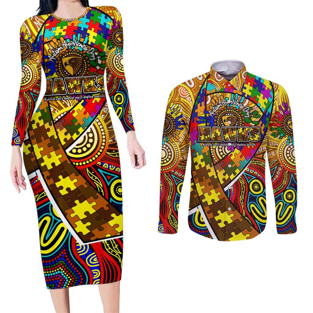 Autism Awareness Australia Hawthorn Hawks Couples Matching Long Sleeve Bodycon Dress and Long Sleeve Button Shirt Aboriginal Indigenous Art