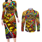 Autism Awareness Australia Hawthorn Hawks Couples Matching Long Sleeve Bodycon Dress and Long Sleeve Button Shirt Aboriginal Indigenous Art