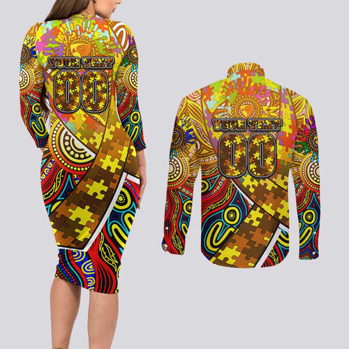 Autism Awareness Australia Hawthorn Hawks Couples Matching Long Sleeve Bodycon Dress and Long Sleeve Button Shirt Aboriginal Indigenous Art