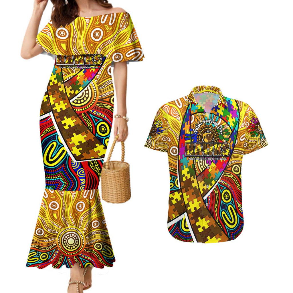 Autism Awareness Australia Hawthorn Hawks Couples Matching Mermaid Dress and Hawaiian Shirt Aboriginal Indigenous Art