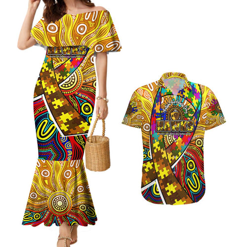 Autism Awareness Australia Hawthorn Hawks Couples Matching Mermaid Dress and Hawaiian Shirt Aboriginal Indigenous Art