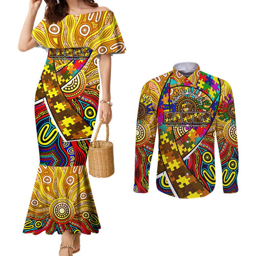Autism Awareness Australia Hawthorn Hawks Couples Matching Mermaid Dress and Long Sleeve Button Shirt Aboriginal Indigenous Art