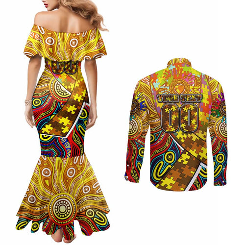 Autism Awareness Australia Hawthorn Hawks Couples Matching Mermaid Dress and Long Sleeve Button Shirt Aboriginal Indigenous Art