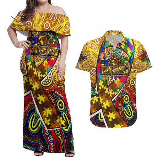 Autism Awareness Australia Hawthorn Hawks Couples Matching Off Shoulder Maxi Dress and Hawaiian Shirt Aboriginal Indigenous Art