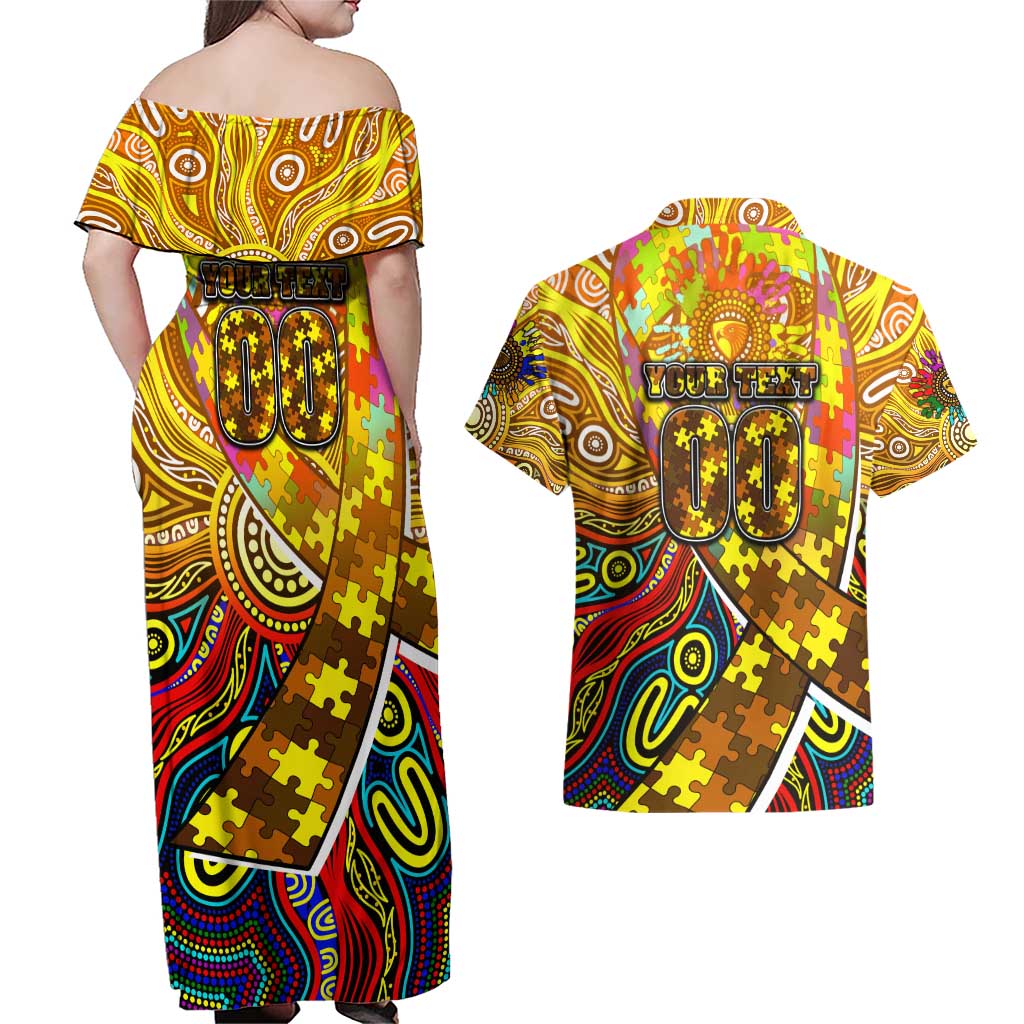 Autism Awareness Australia Hawthorn Hawks Couples Matching Off Shoulder Maxi Dress and Hawaiian Shirt Aboriginal Indigenous Art