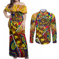 Autism Awareness Australia Hawthorn Hawks Couples Matching Off Shoulder Maxi Dress and Long Sleeve Button Shirt Aboriginal Indigenous Art