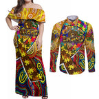 Autism Awareness Australia Hawthorn Hawks Couples Matching Off Shoulder Maxi Dress and Long Sleeve Button Shirt Aboriginal Indigenous Art