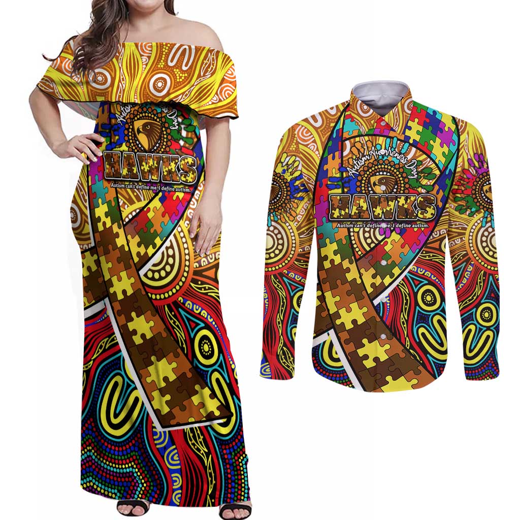 Autism Awareness Australia Hawthorn Hawks Couples Matching Off Shoulder Maxi Dress and Long Sleeve Button Shirt Aboriginal Indigenous Art