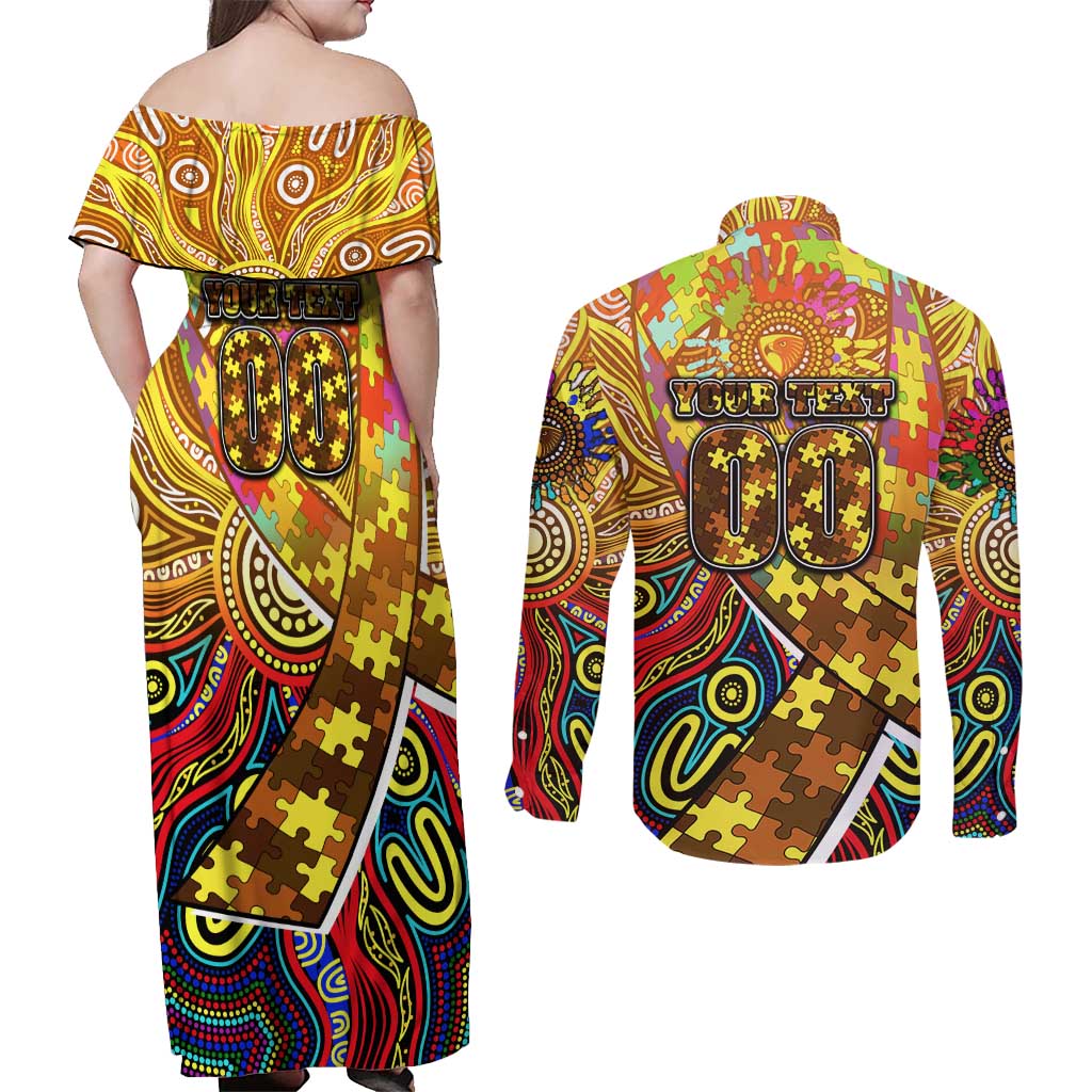 Autism Awareness Australia Hawthorn Hawks Couples Matching Off Shoulder Maxi Dress and Long Sleeve Button Shirt Aboriginal Indigenous Art
