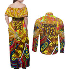 Autism Awareness Australia Hawthorn Hawks Couples Matching Off Shoulder Maxi Dress and Long Sleeve Button Shirt Aboriginal Indigenous Art