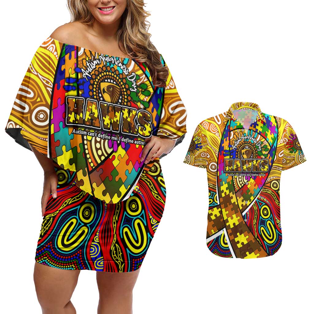 Autism Awareness Australia Hawthorn Hawks Couples Matching Off Shoulder Short Dress and Hawaiian Shirt Aboriginal Indigenous Art