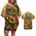 Autism Awareness Australia Hawthorn Hawks Couples Matching Off Shoulder Short Dress and Hawaiian Shirt Aboriginal Indigenous Art
