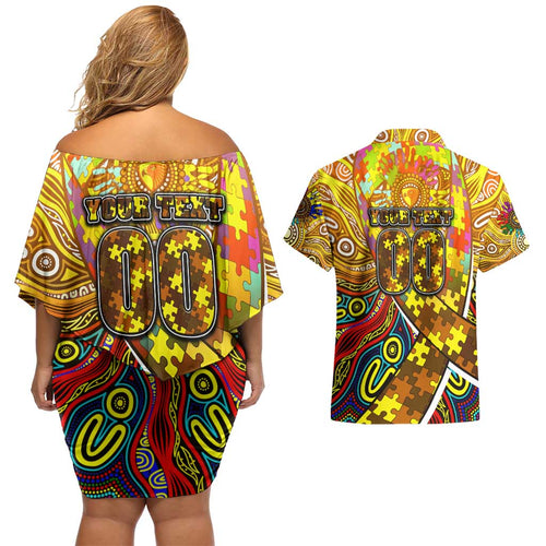 Autism Awareness Australia Hawthorn Hawks Couples Matching Off Shoulder Short Dress and Hawaiian Shirt Aboriginal Indigenous Art