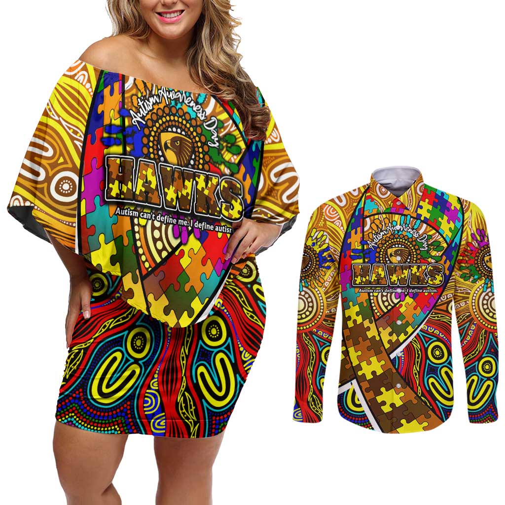 Autism Awareness Australia Hawthorn Hawks Couples Matching Off Shoulder Short Dress and Long Sleeve Button Shirt Aboriginal Indigenous Art