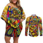Autism Awareness Australia Hawthorn Hawks Couples Matching Off Shoulder Short Dress and Long Sleeve Button Shirt Aboriginal Indigenous Art