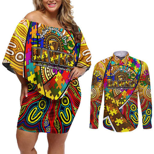 Autism Awareness Australia Hawthorn Hawks Couples Matching Off Shoulder Short Dress and Long Sleeve Button Shirt Aboriginal Indigenous Art