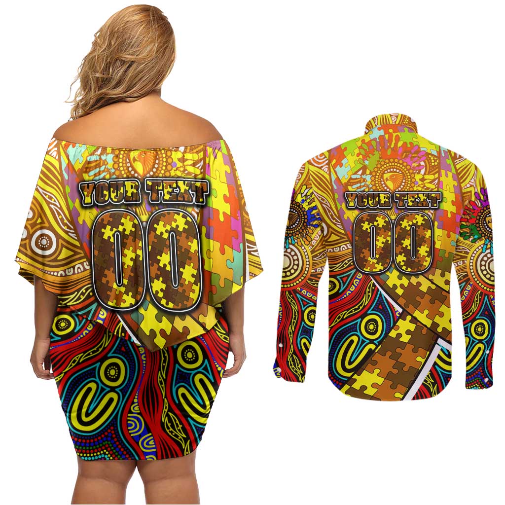 Autism Awareness Australia Hawthorn Hawks Couples Matching Off Shoulder Short Dress and Long Sleeve Button Shirt Aboriginal Indigenous Art