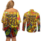 Autism Awareness Australia Hawthorn Hawks Couples Matching Off Shoulder Short Dress and Long Sleeve Button Shirt Aboriginal Indigenous Art