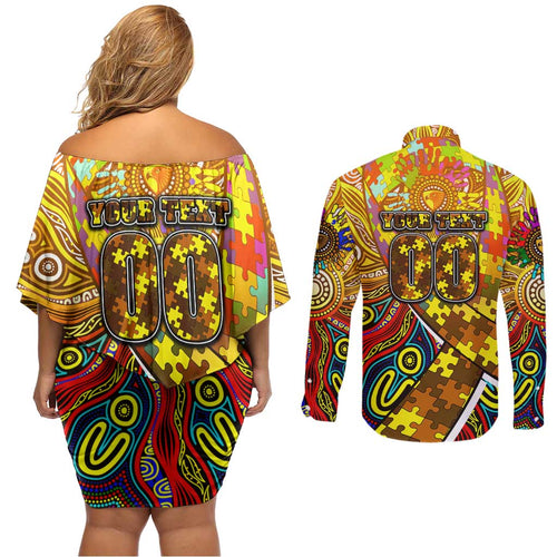 Autism Awareness Australia Hawthorn Hawks Couples Matching Off Shoulder Short Dress and Long Sleeve Button Shirt Aboriginal Indigenous Art