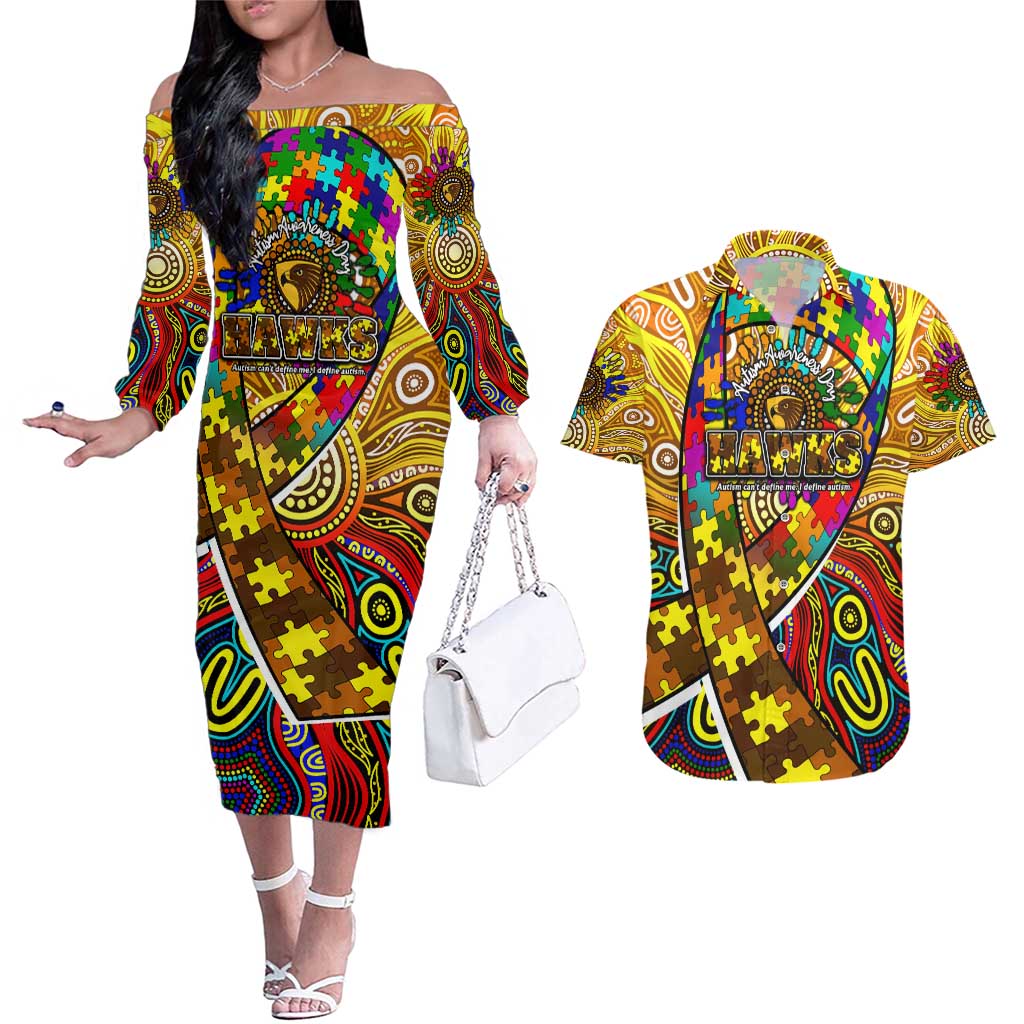 Autism Awareness Australia Hawthorn Hawks Couples Matching Off The Shoulder Long Sleeve Dress and Hawaiian Shirt Aboriginal Indigenous Art