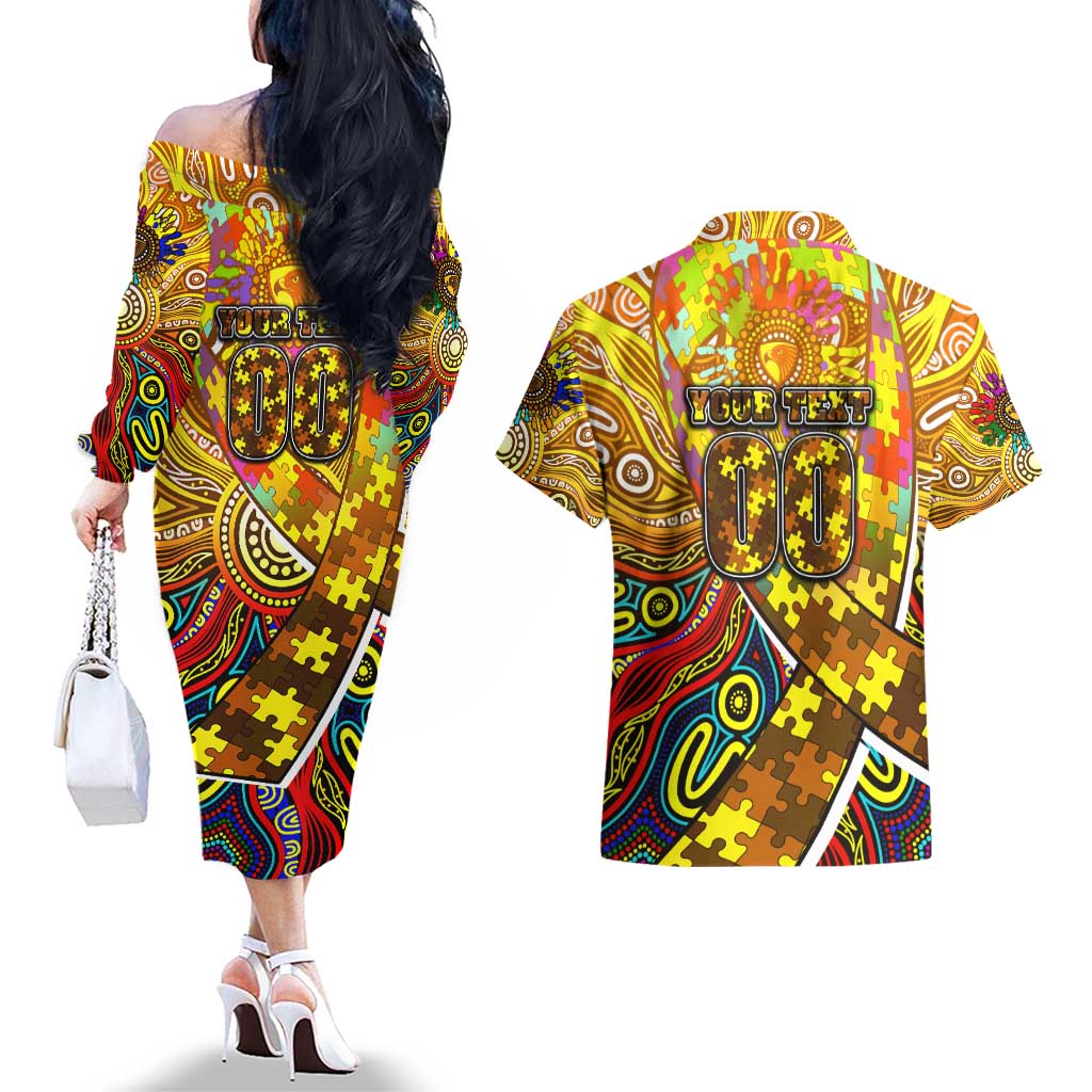 Autism Awareness Australia Hawthorn Hawks Couples Matching Off The Shoulder Long Sleeve Dress and Hawaiian Shirt Aboriginal Indigenous Art