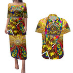 Autism Awareness Australia Hawthorn Hawks Couples Matching Puletasi and Hawaiian Shirt Aboriginal Indigenous Art