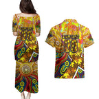 Autism Awareness Australia Hawthorn Hawks Couples Matching Puletasi and Hawaiian Shirt Aboriginal Indigenous Art