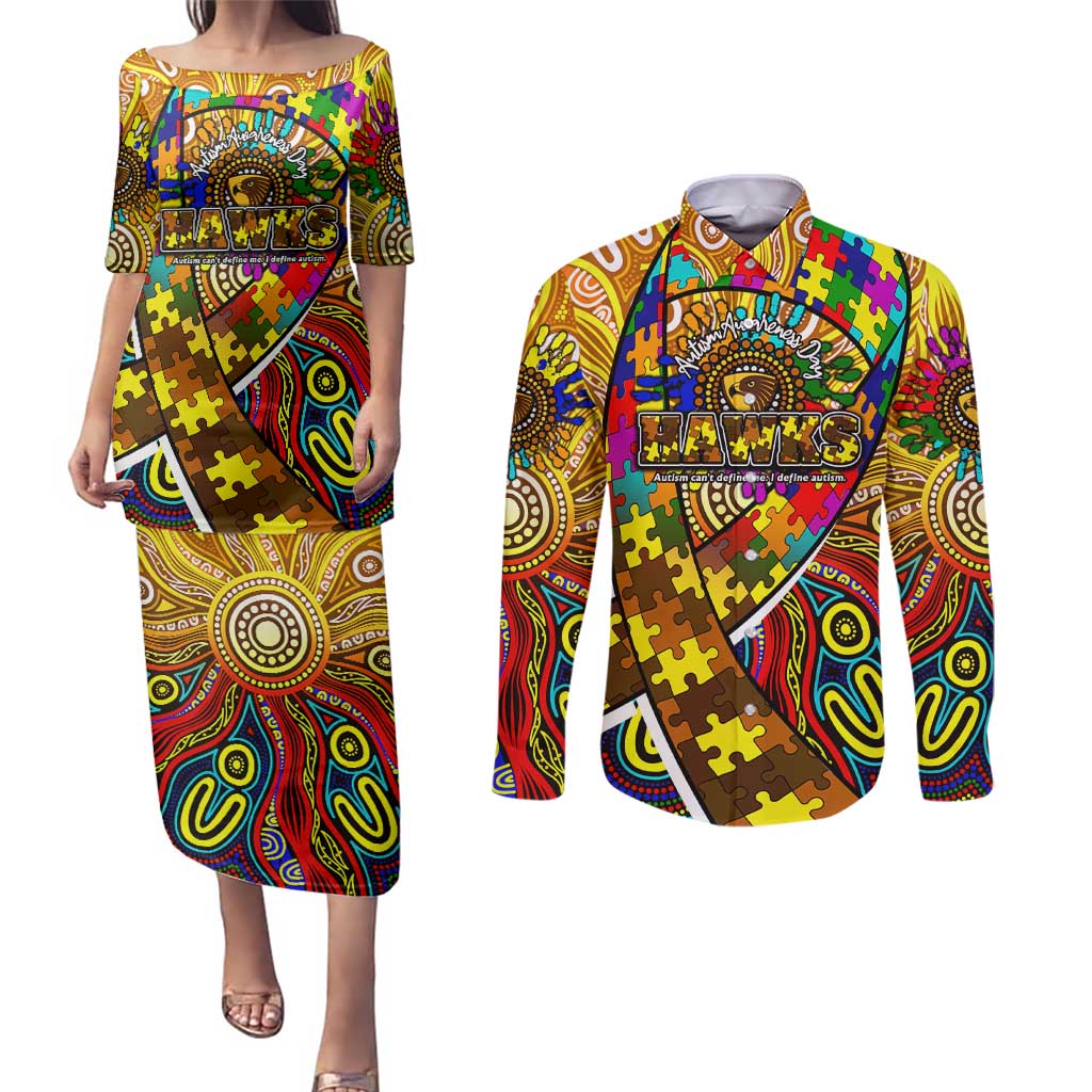 Autism Awareness Australia Hawthorn Hawks Couples Matching Puletasi and Long Sleeve Button Shirt Aboriginal Indigenous Art