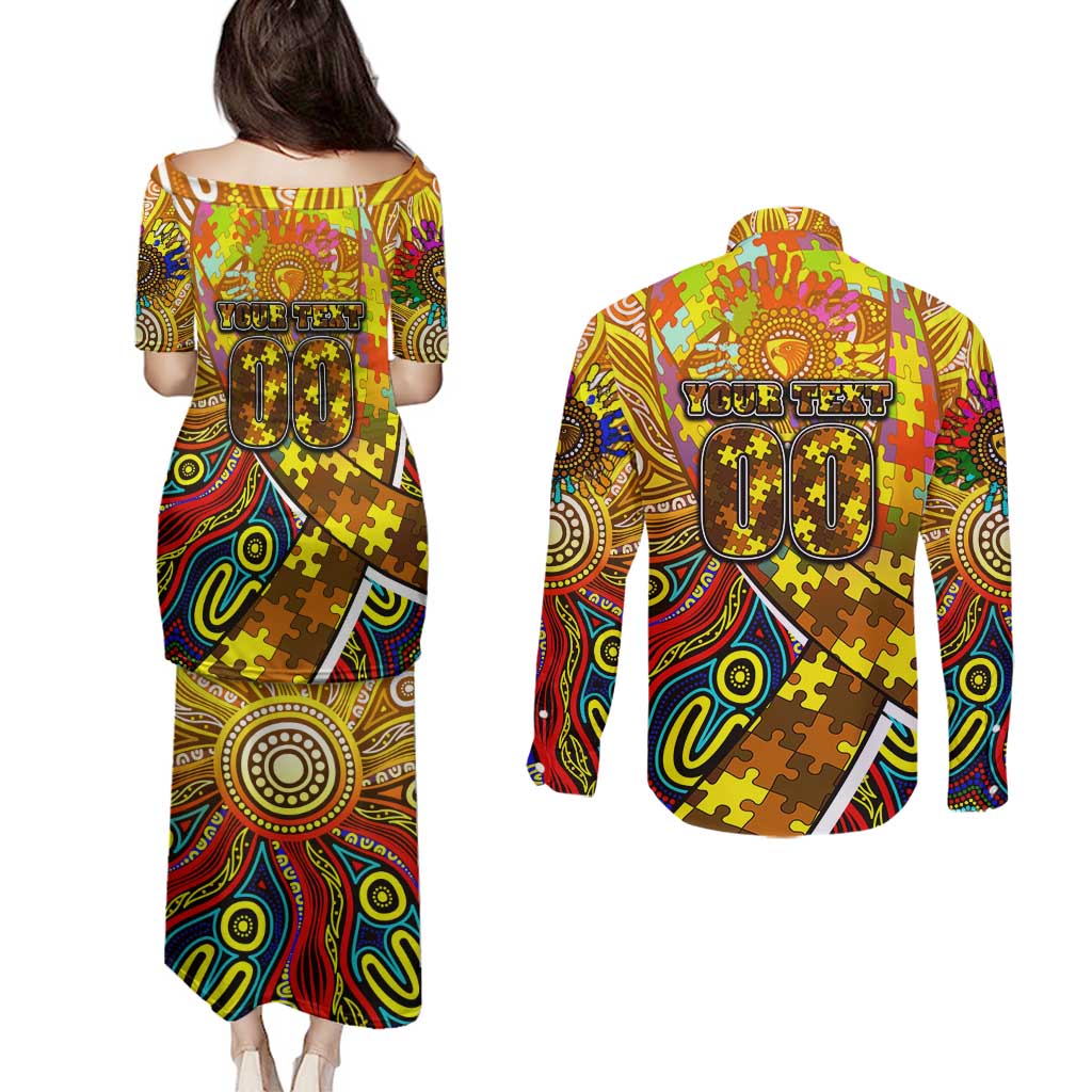 Autism Awareness Australia Hawthorn Hawks Couples Matching Puletasi and Long Sleeve Button Shirt Aboriginal Indigenous Art