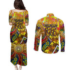 Autism Awareness Australia Hawthorn Hawks Couples Matching Puletasi and Long Sleeve Button Shirt Aboriginal Indigenous Art