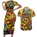Autism Awareness Australia Hawthorn Hawks Couples Matching Short Sleeve Bodycon Dress and Hawaiian Shirt Aboriginal Indigenous Art