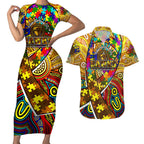 Autism Awareness Australia Hawthorn Hawks Couples Matching Short Sleeve Bodycon Dress and Hawaiian Shirt Aboriginal Indigenous Art