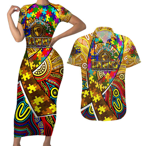 Autism Awareness Australia Hawthorn Hawks Couples Matching Short Sleeve Bodycon Dress and Hawaiian Shirt Aboriginal Indigenous Art