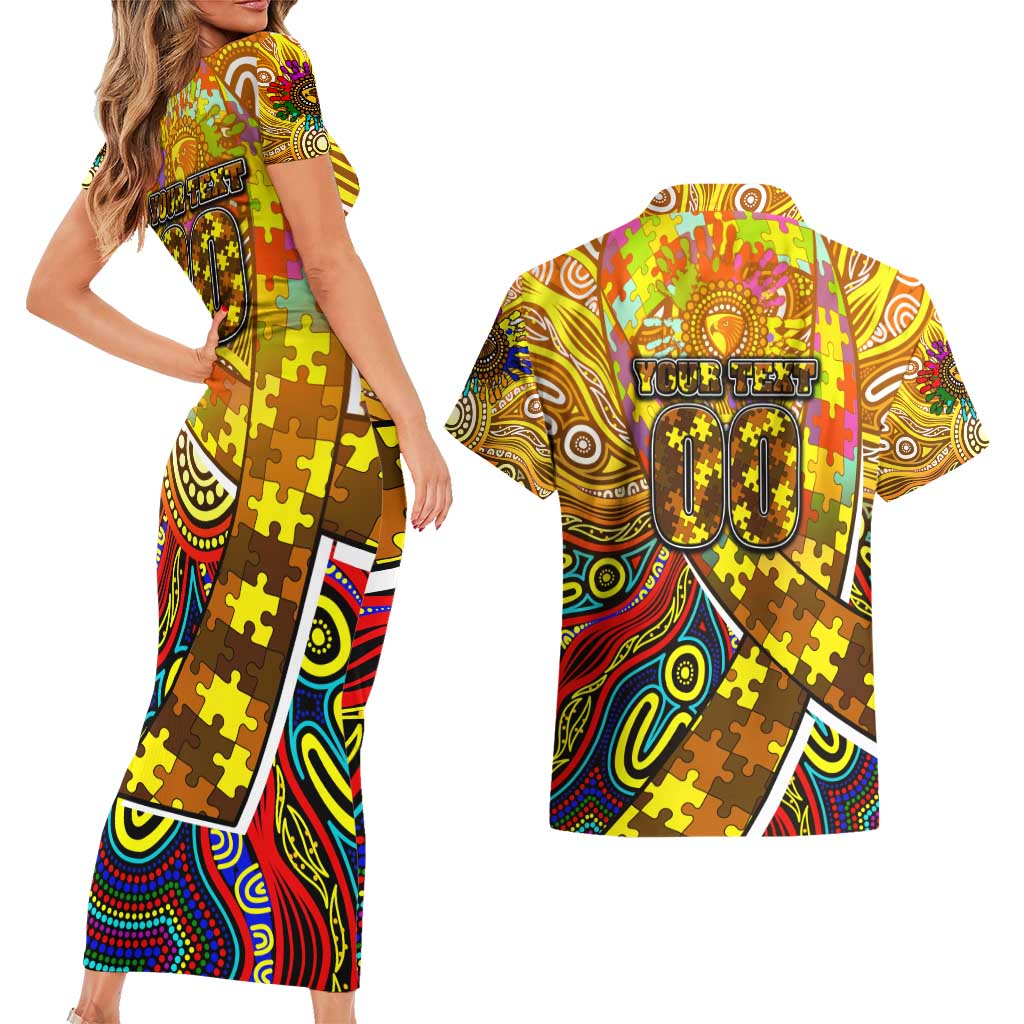 Autism Awareness Australia Hawthorn Hawks Couples Matching Short Sleeve Bodycon Dress and Hawaiian Shirt Aboriginal Indigenous Art