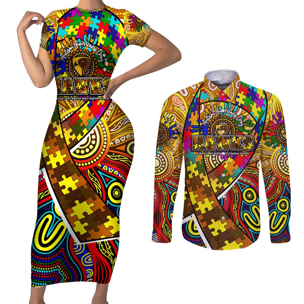 Autism Awareness Australia Hawthorn Hawks Couples Matching Short Sleeve Bodycon Dress and Long Sleeve Button Shirt Aboriginal Indigenous Art