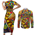 Autism Awareness Australia Hawthorn Hawks Couples Matching Short Sleeve Bodycon Dress and Long Sleeve Button Shirt Aboriginal Indigenous Art