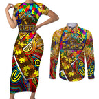 Autism Awareness Australia Hawthorn Hawks Couples Matching Short Sleeve Bodycon Dress and Long Sleeve Button Shirt Aboriginal Indigenous Art